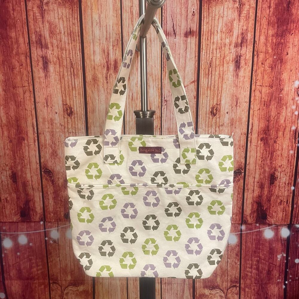 Bungalow 360 Recycle Print Cotton Canvas Shoulder Tote Bag Cream Green Purple